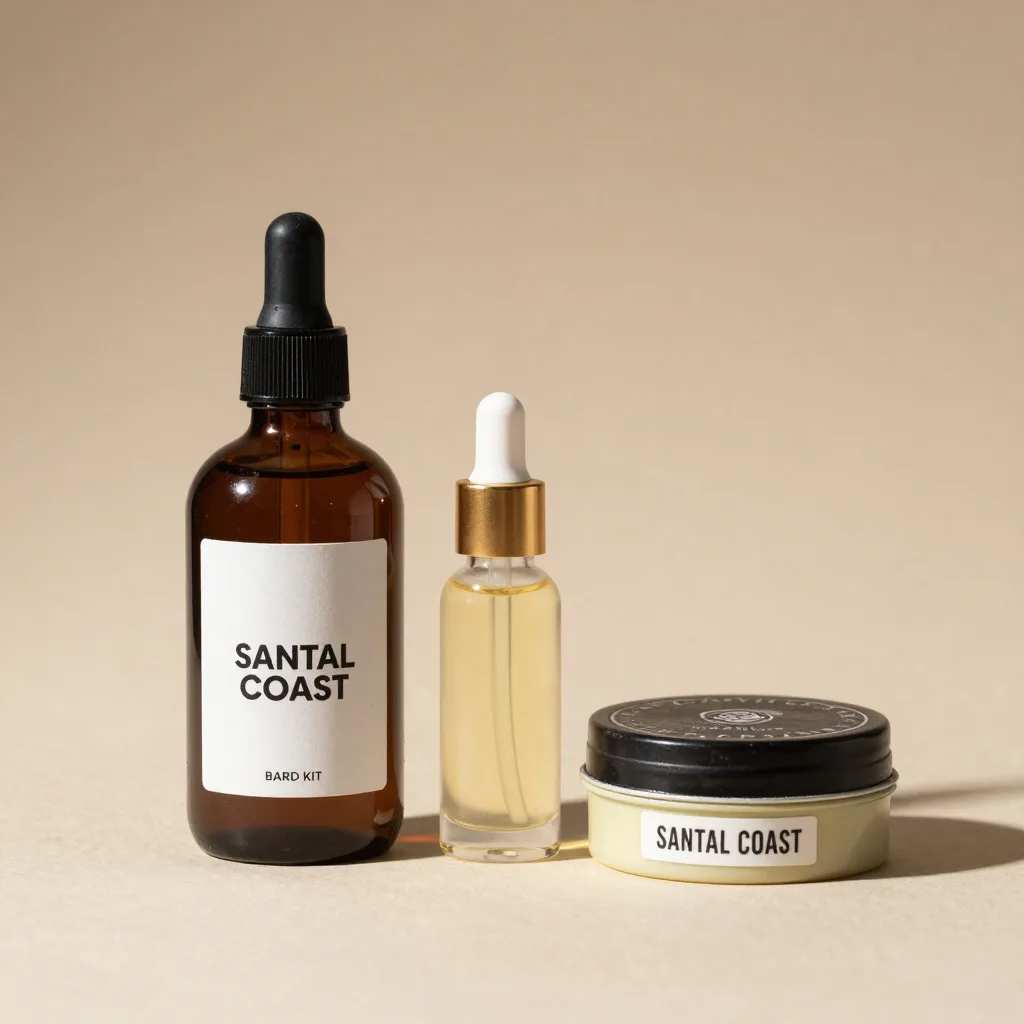 A complete Santal Coast beard kit with balm, oil and wax