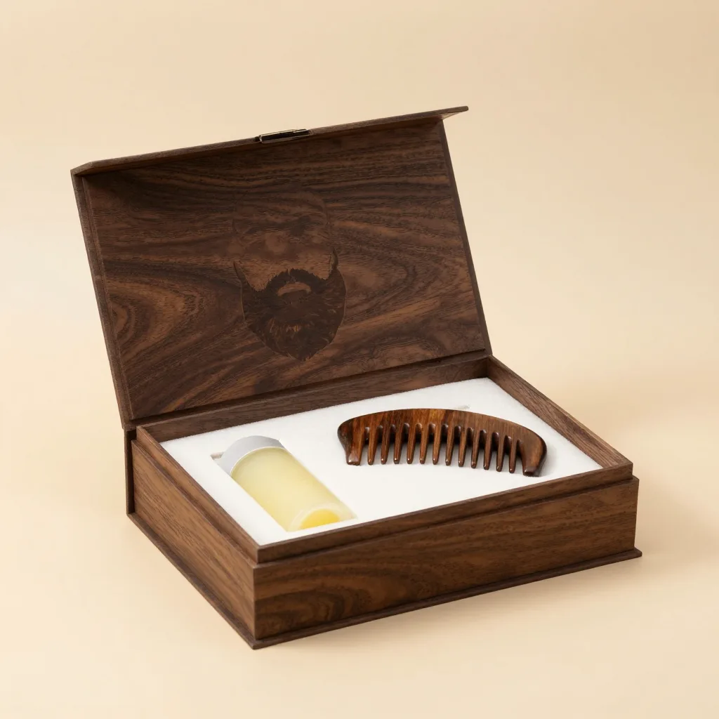 A sandalwood beard gift box with a balm and wooden comb