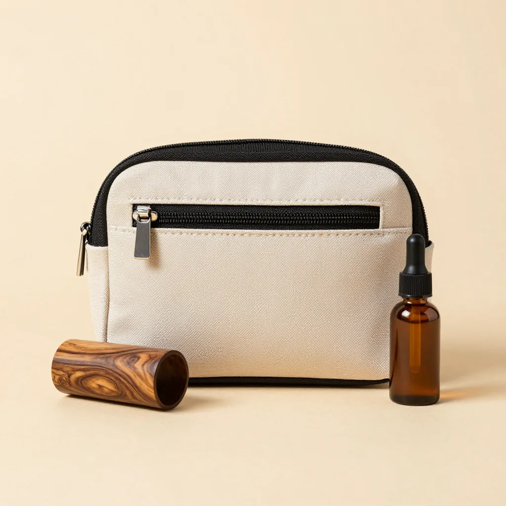 A travel pouch with a sandalwood beard balm and oil