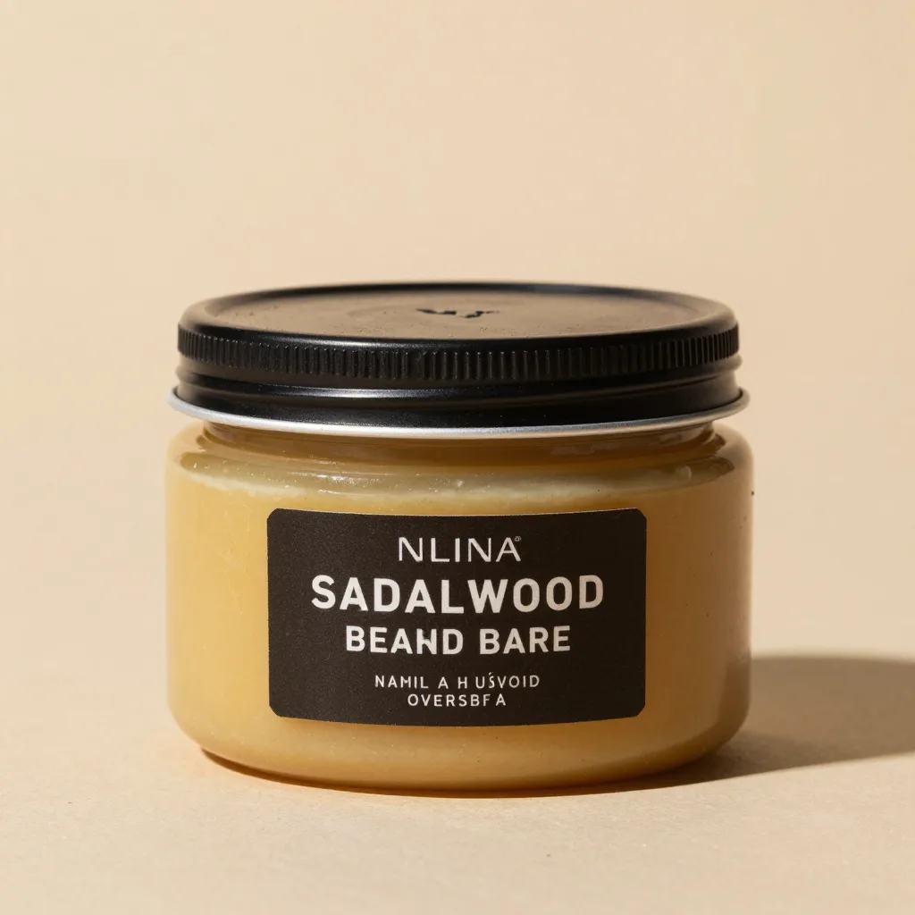A large jar of sandalwood beard balm